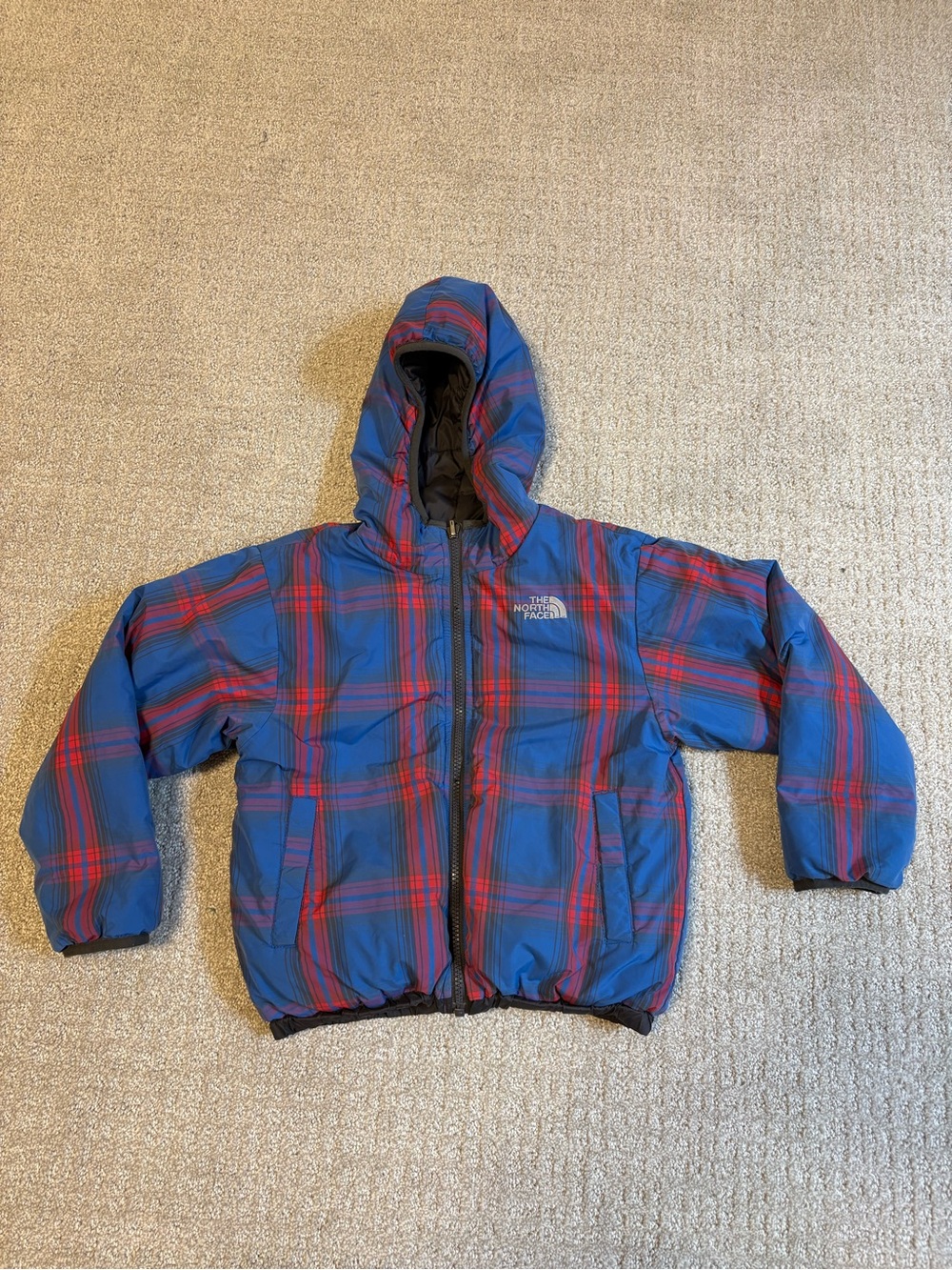 The North Face Blue & Red Plaid Reversible Hooded Puffer Jacket Boys
